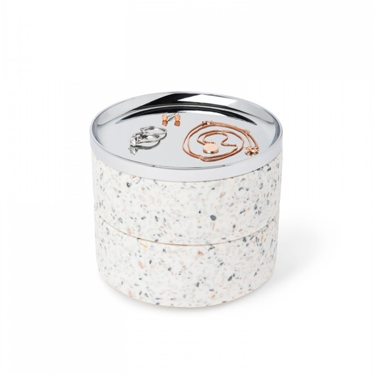 Smyckessask rund, TESORA, Ø 12,7cm, Umbra, Terrazzo / Silver