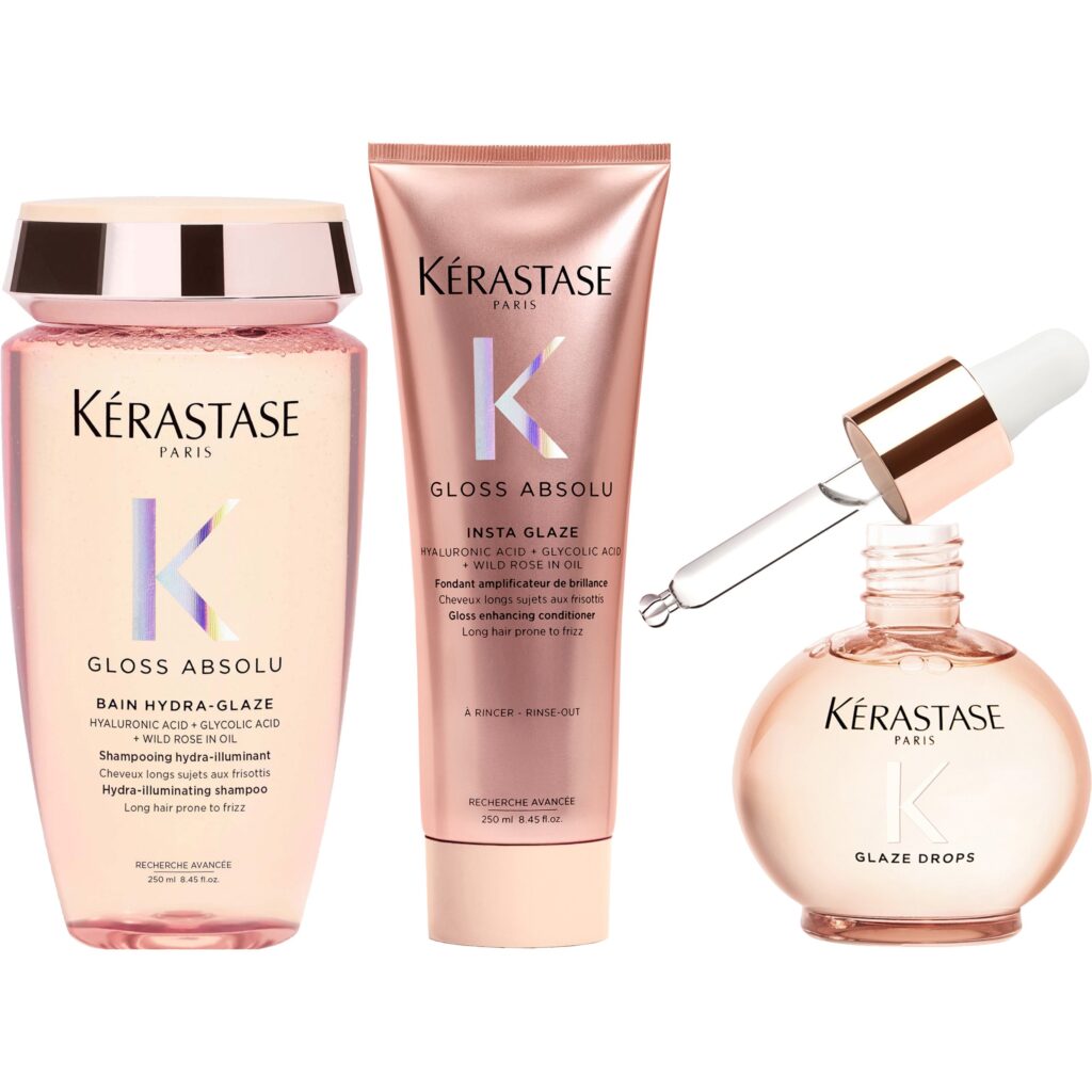 Kérastase Gloss Absolu  Bundle Bain Hydra-Glaze Shampoo 250 ml & Insta Glaze Conditioner 250 ml & Glaze Drops Hair Oil 45 ml