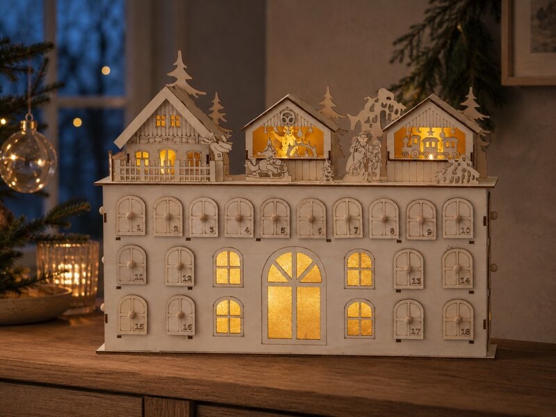 Adventskalender i trä med belysning