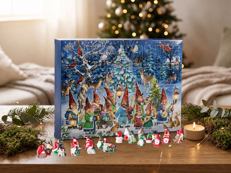 Adventskalender med små prydnadstomtar